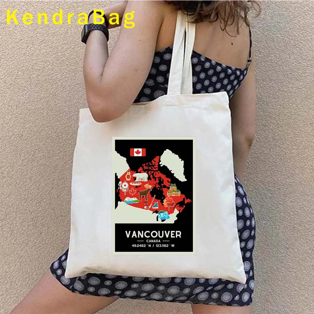 Canadian City Landscape Cotton Canvas Tote Bag | Happy Canada Day Tourist Gift | Reusable Eco-Friendly Shoulder Handbag (Women) Luxegan
