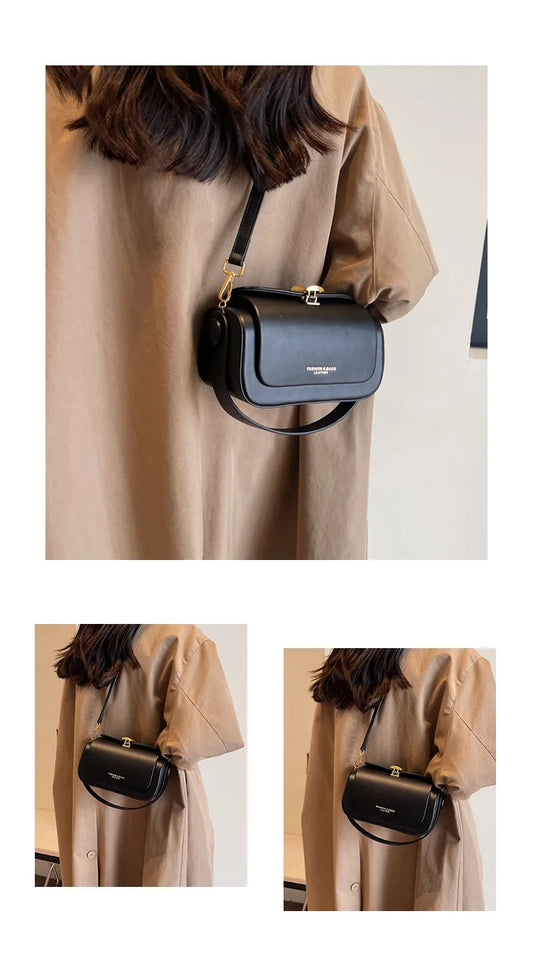 Classic Black Shoulder Bag for Women | Versatile Retro Square Crossbody | Sophisticated Textured Leather Flap Handbag | Fashion-Forward Large Capacity Bag with Elegant Lock Detail Luxegan
