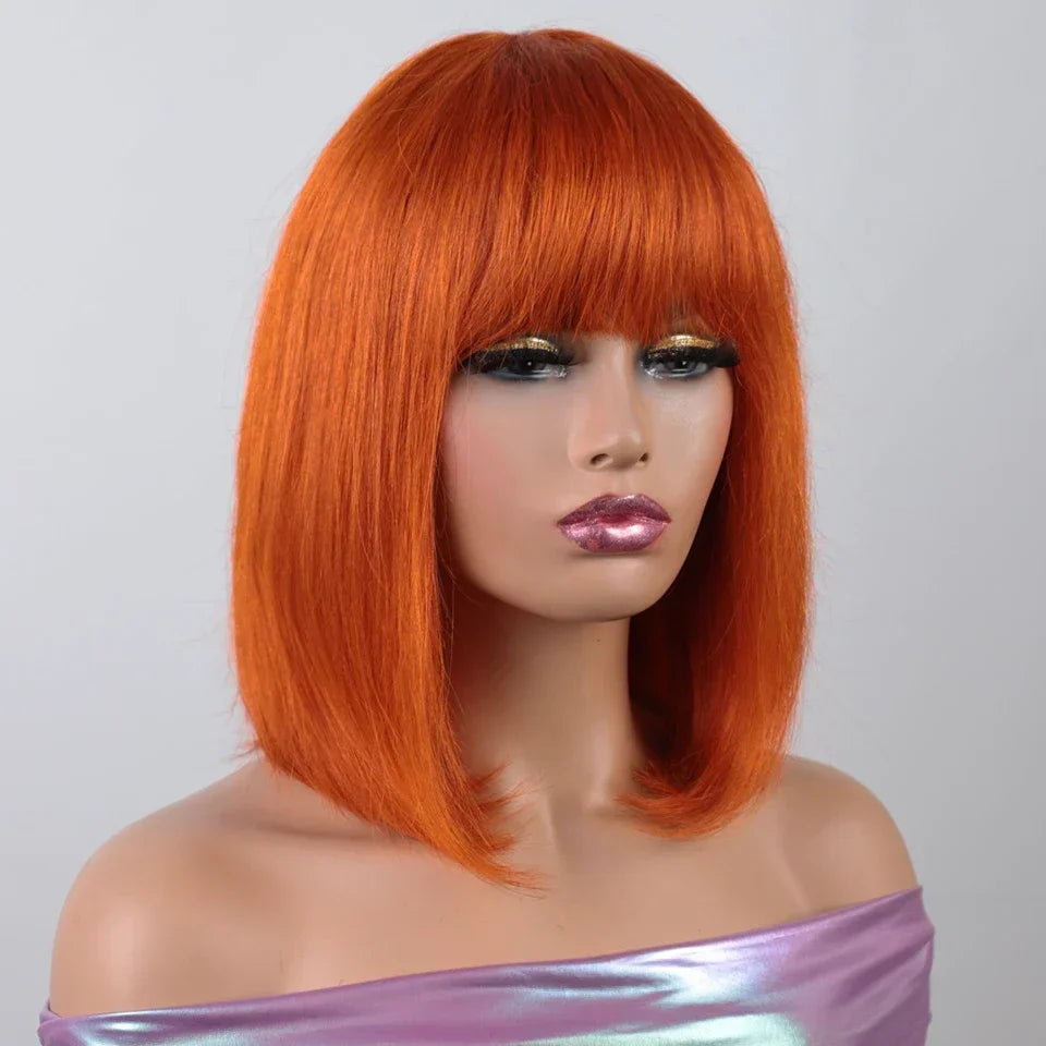 Rebecca Orange Blonde & 99J Red Straight Bob Wig with Bangs | Human Hair Machine Made Luxegan
