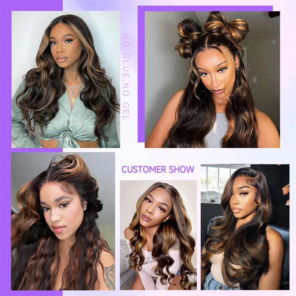 30 Inch Honey Blonde Highlight Body Wave Wig | 13x4 Transparent Lace Front Brazilian Human Hair Luxegan