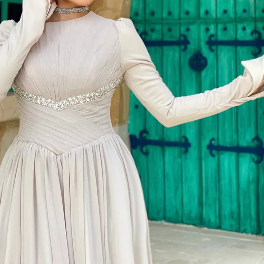 Crystal Draped A-Line Evening Gown | O-Neck Full Sleeve Floor-Length Prom Dress - view 2
