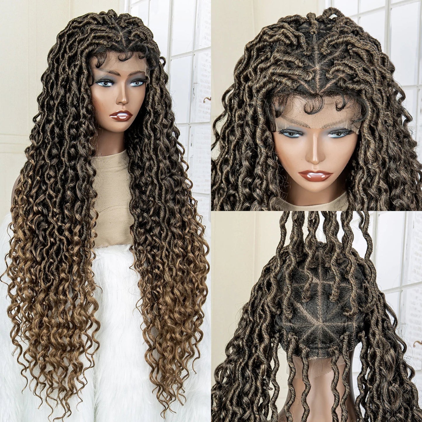 36" Knotless Dreadlock Braided Full Lace Wig | Curly Ends | Synthetic Locs Braids | Black Womens Luxegan