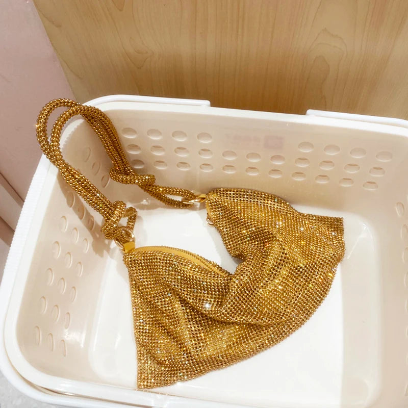 Luxury Designer Rhinestone Hobo Bag | Handmade Shining Crystal Evening Clutch | Metallic Silver - view 9