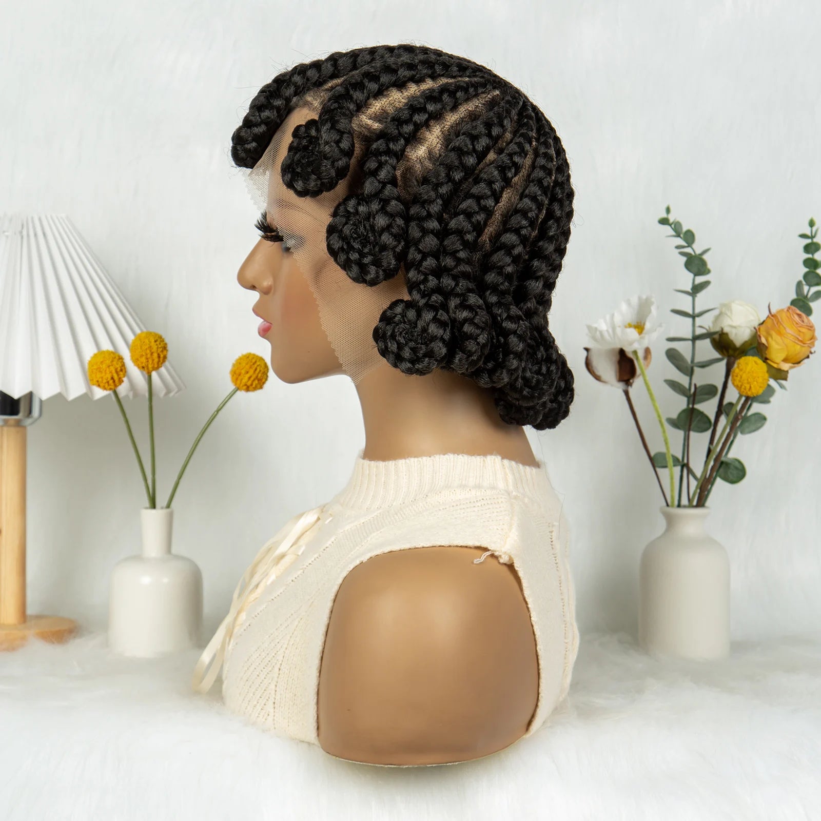 Short Bantu Knot Braided Wig | Full Lace | Synthetic Hair | Baby Hairs | Transparent Lace | Cute Braids Wig for Women
