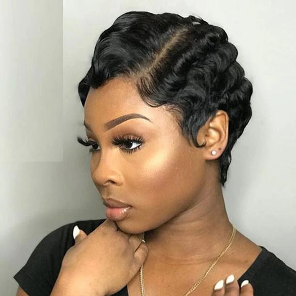 Brazilian Pixie Wig | Wet & Wavy Finger Wave Style | Machine Made Human Hair Wig | Natural Color