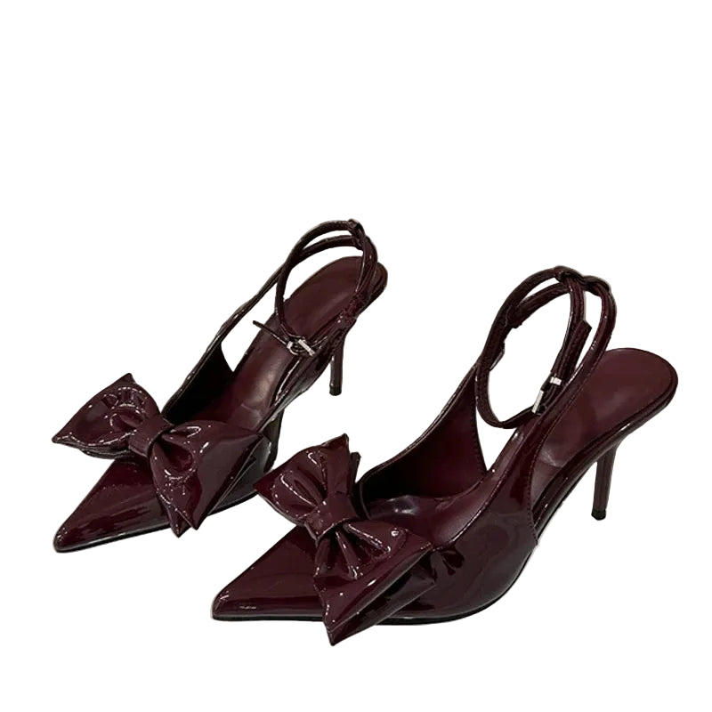 Wine Red Patent Leather Stilettos | Sophisticated Ankle Strap Bow Slingbacks | Elegant "Handmade Butterfly-Knot" Silhouette | "Dignified" Pointed Toe Party Sandals for Radiant Versatile Styling Luxegan