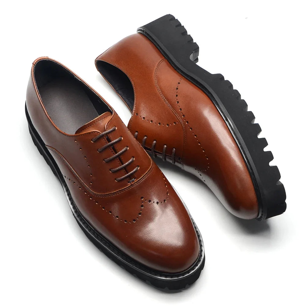 Luxury Men's Genuine Leather Platform Oxfords | Lightweight Black Sole Lace-Up Business & Casual Dress Shoes (Height Increasing) Luxegan