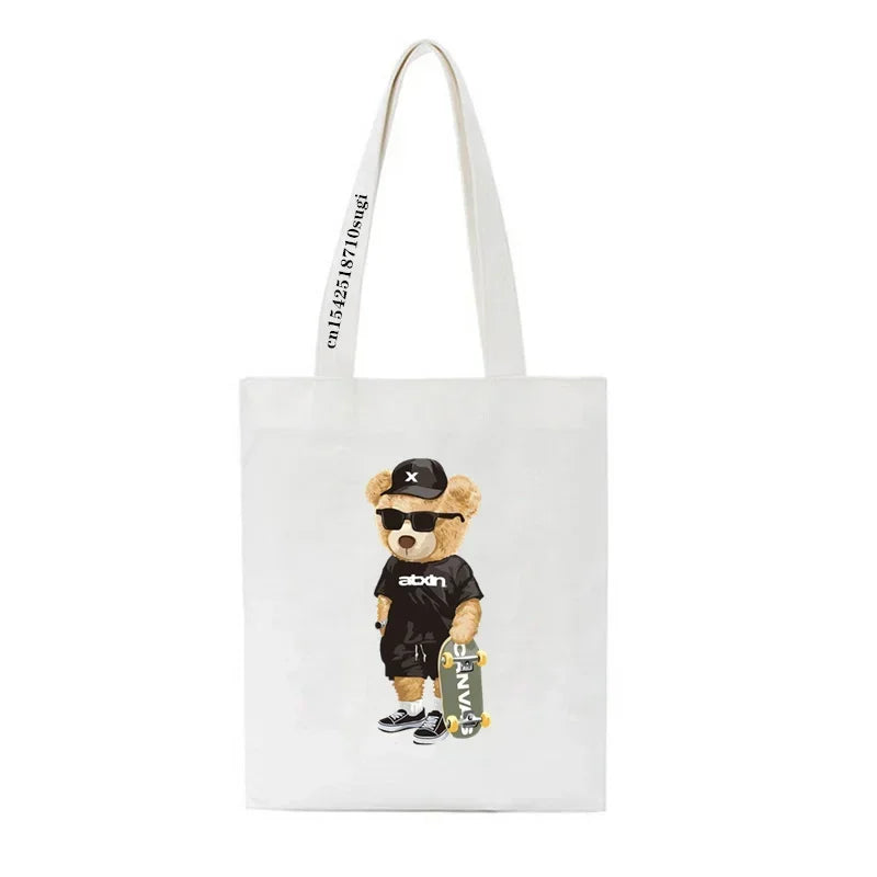 Fashion Bear Print Eco Women Shoulder Bags | Female Handbag Canvas Shopping Bag | Casual Large Ladies Travel Totes Bags Luxegan