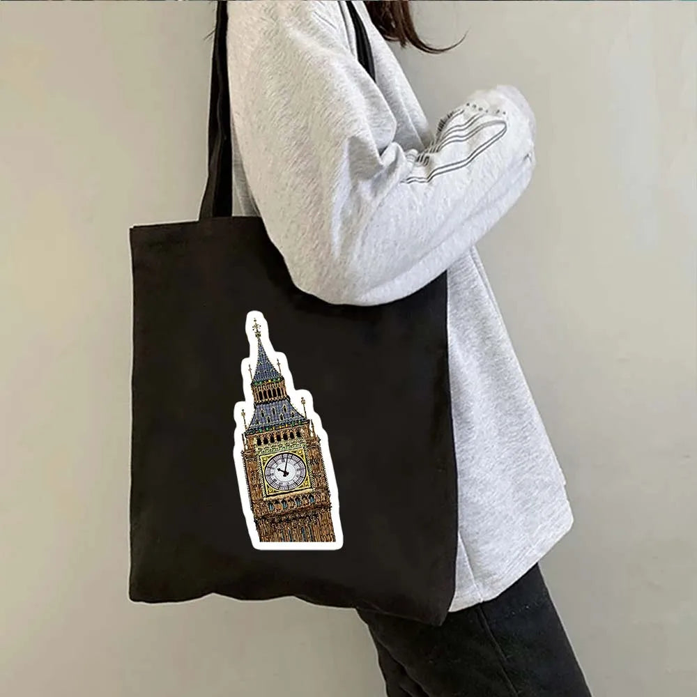 London Big Ben England Map Flag Canvas Tote Bag | UK City Landscape Skyline Shoulder Shopping Handbag (Women's Tourist Gift) Luxegan