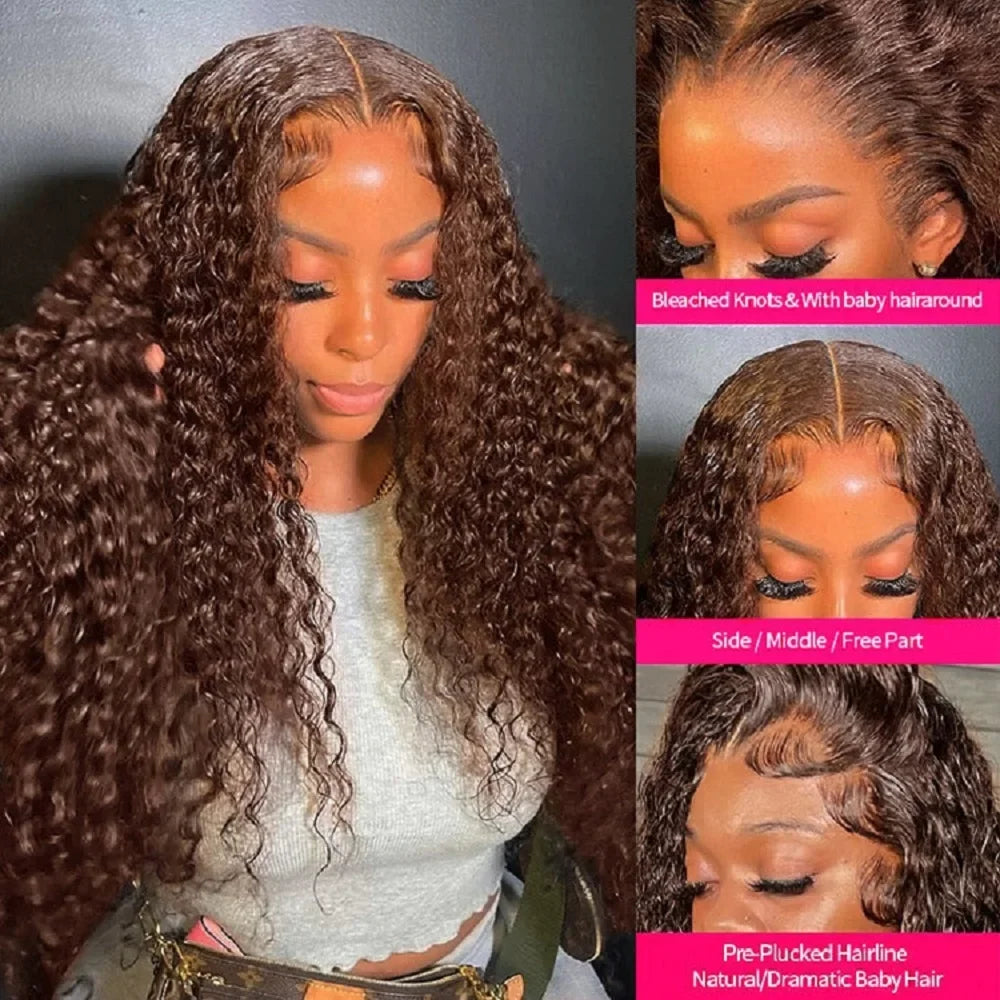 Chocolate Brown Deep Wave Frontal Wig | 13x4 HD Transparent Curly Lace Front Human Hair Wig (Bleached, Brazilian Brown Colored) Luxegan