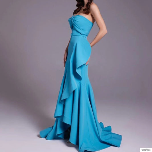 Sash Draped Mermaid Evening Gown | Off-Shoulder Sleeveless Floor-Length Prom Dress - view 2