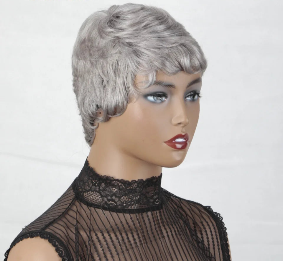 Grey & Natural Black Pixie Cut Wig with Bangs | Remy Human Hair Full Machine Made Luxegan