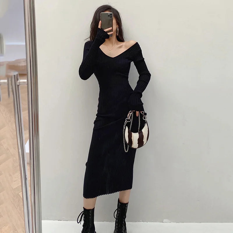New Autumn V-Neck Knitted Dress | Sophisticated Slim Elastic Bodycon Sweater Gown | Elegant "Full Sleeve" Silhouette | "Dignified" High-Stretch Warm Long Dress for Radiant Versatile Autumn & Winter Styling Luxegan