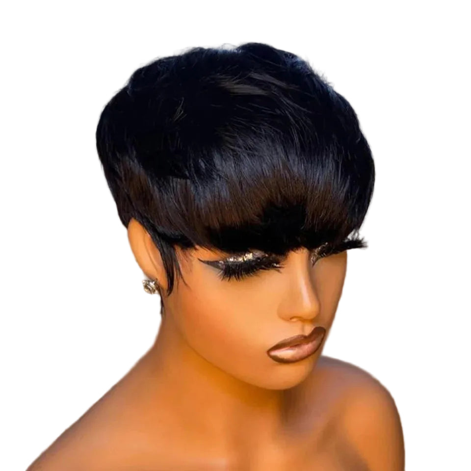 Short Straight Bob Pixie Cut Human Hair Wig with Bangs - 150% & 180% Density Glueless Non-Lace & 13x4 Transparent Lace Frontal Wig - 100% Brazilian Virgin Remy Hair Natural Black Fringe Wig for Women (Dyeable All Colors) Luxegan