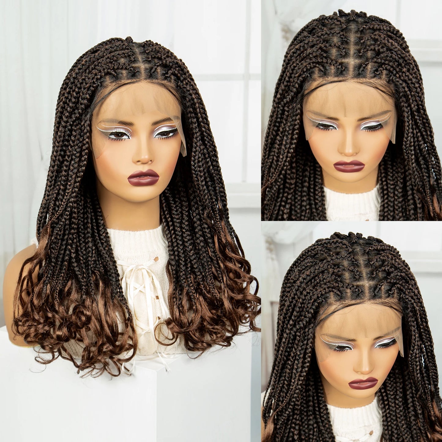 22" 1B/30 Ombre Knotless Braids Wig | Wavy Ends | Full Lace Boho Style Luxegan