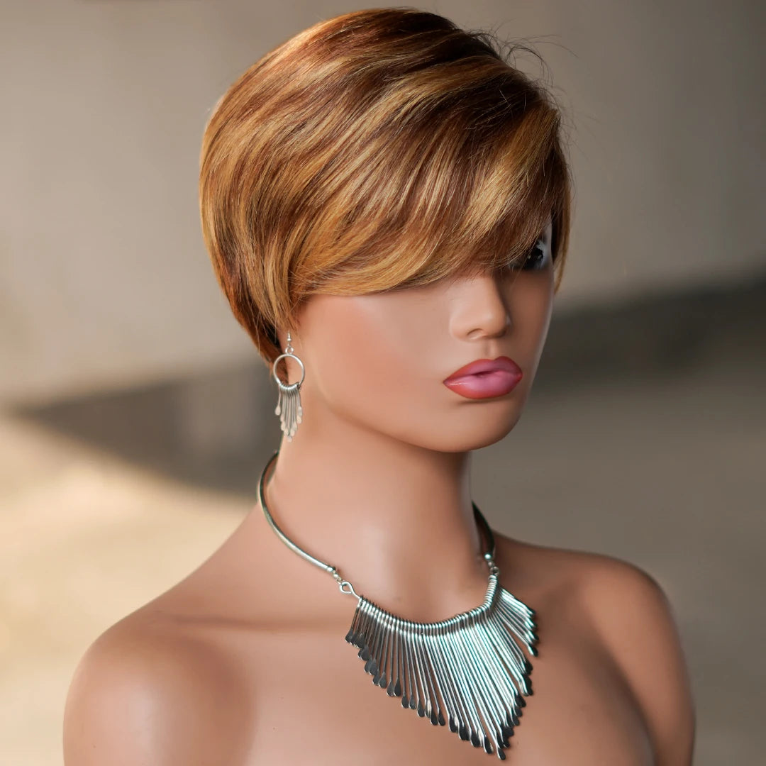 6 Inch Pixie Cut Human Hair Wig with Bangs | P4/27 Natural Highlight | Short Straight Remy Hair Luxegan