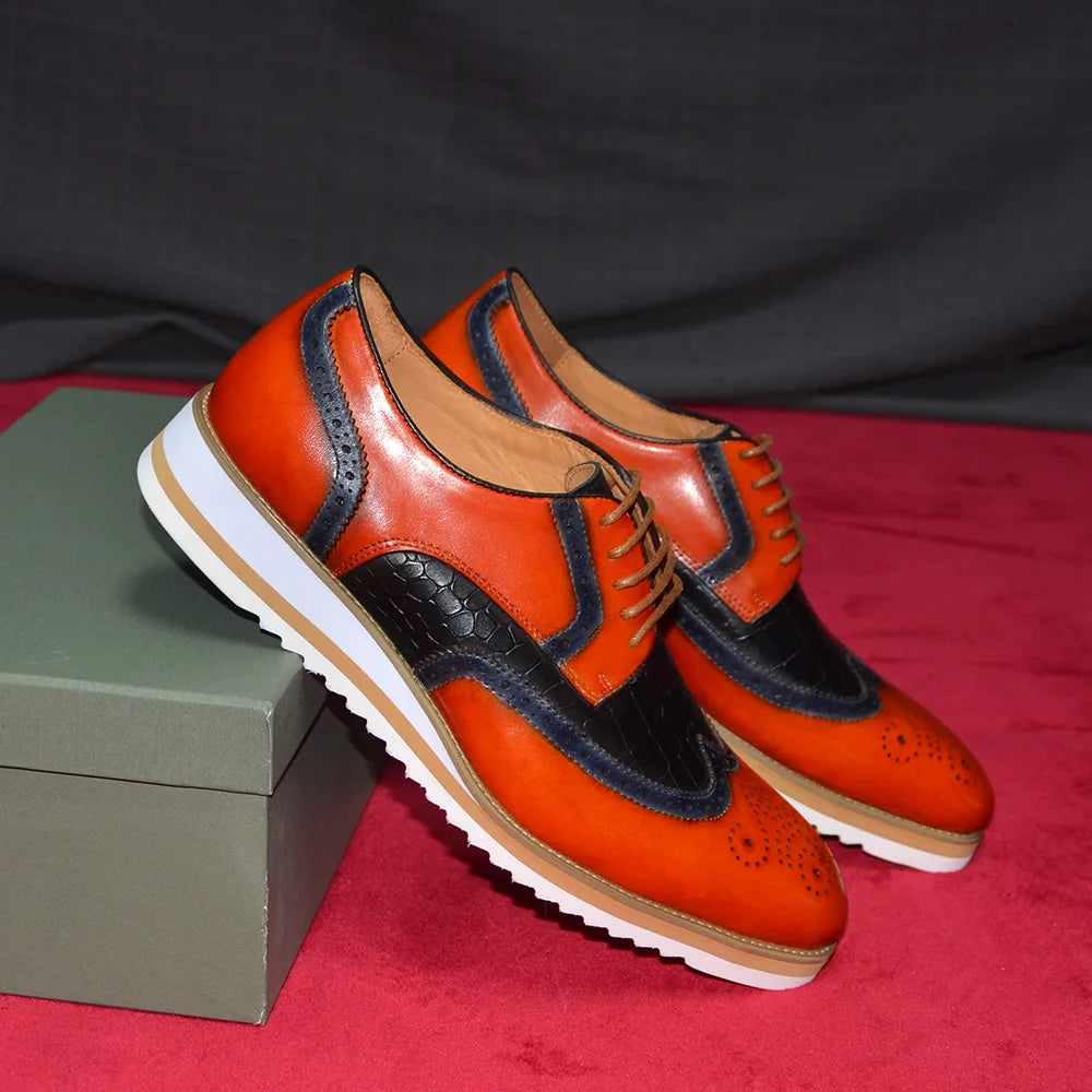 Italy Men's Wingtip Derby Shoes | Classic Modern Color Block Oxfords (Height Increasing, Genuine Leather) Luxegan