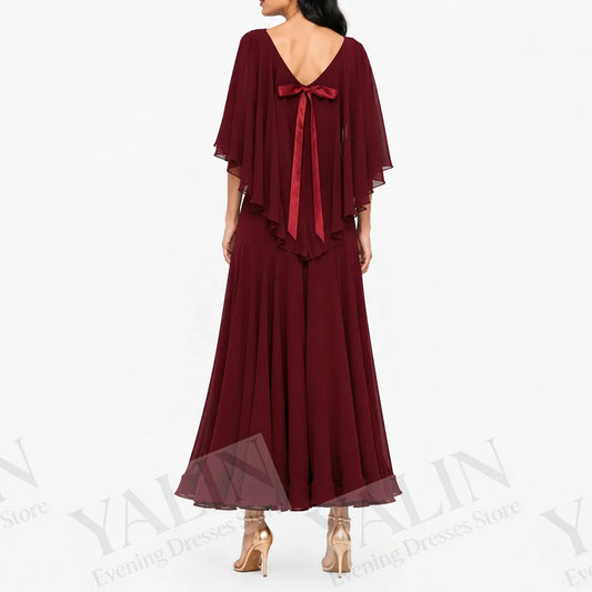 Stole Scoop-Neck Three Quarter Sleeve Tea-Length A-Line Prom Dress Luxegan