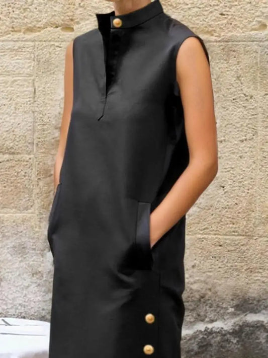 Yeezzi Vestidos de Noche de Mujer a la Moda con Cuello Alto y Botones con Abertura Lateral, Novedad 2025, sin Mangas, Color Liso, Corte en H, Vestido Casual Tipo Camisa