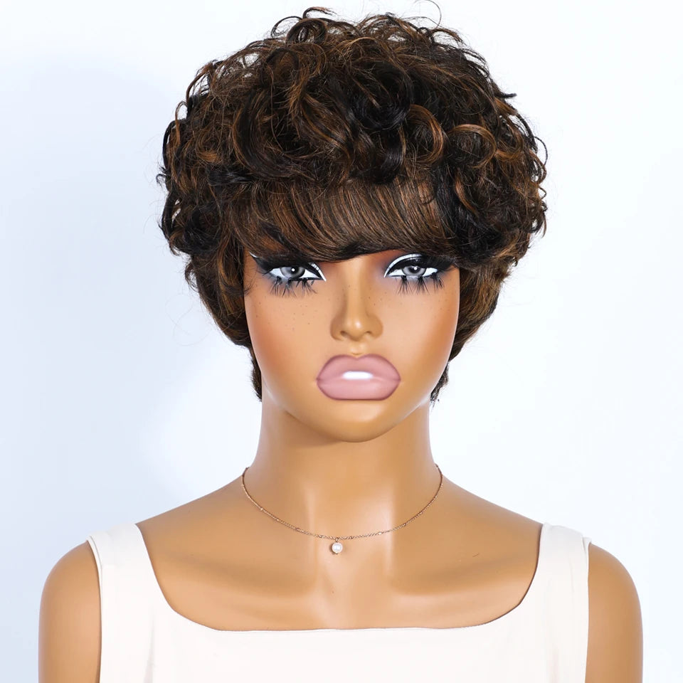Rebecca P1B/30 Brown Pixie Cut Wig | Curly Side Part Brazilian Human Hair Luxegan