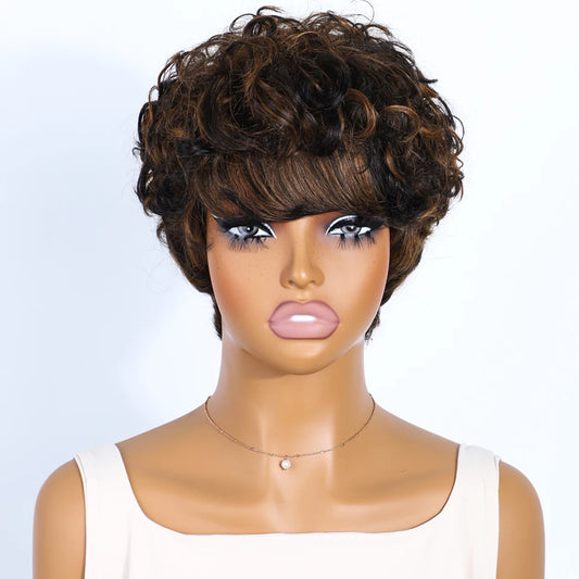Rebecca P1B/30 Brown Pixie Cut Wig | Curly Side Part Brazilian Human Hair Luxegan