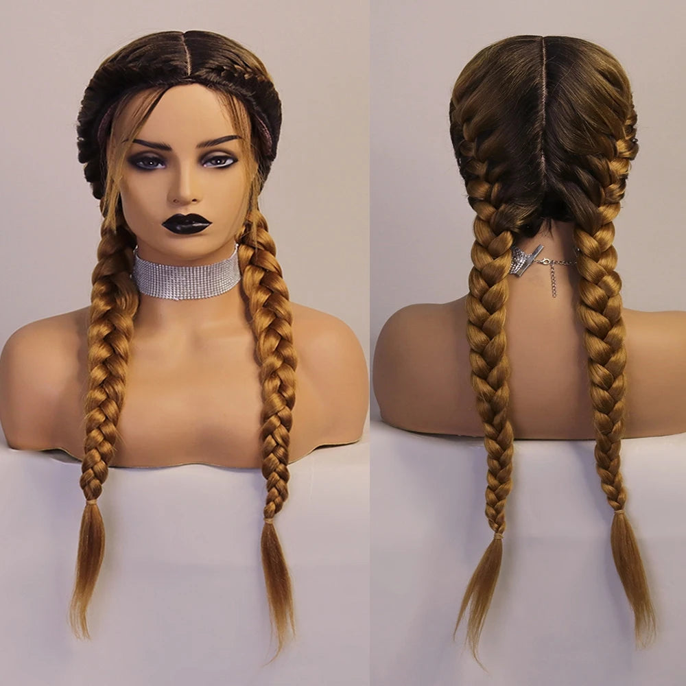 26" Black & Honey Blonde Box Braided Wig | Heat Resistant Synthetic Wig | Cosplay & Daily Wear | Machine Made Luxegan