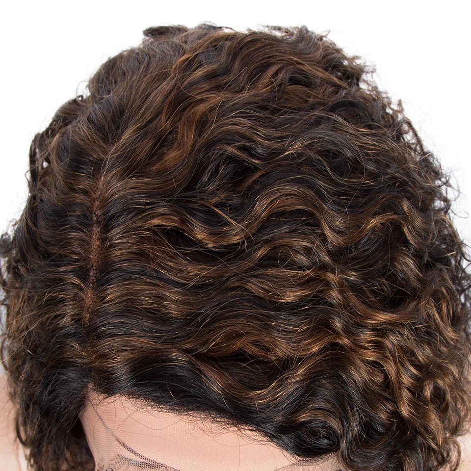 Sleek Curly Human Hair Wig | Brown Highlights | 13x1 T Part Lace Wig | Brazilian Remy Hair | Water Wave