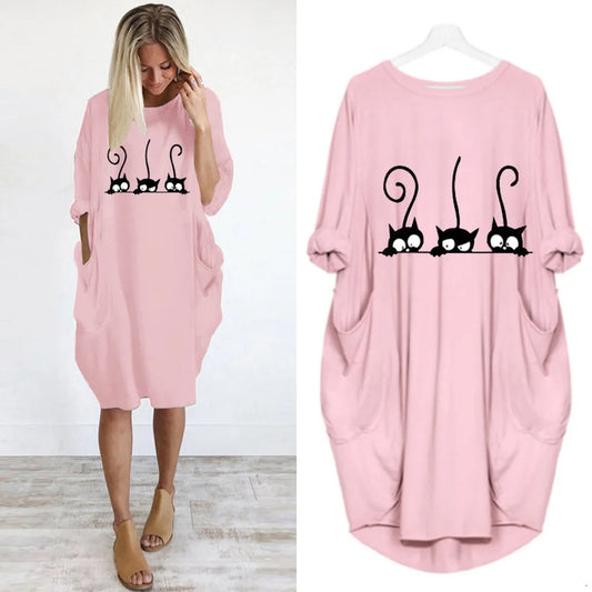 Women's Plus-Size Loose Long-Sleeved Dress | Casual Solid Color O-Neck Winter Pullover | Soft Knit Knee-Length Everyday Dress | Comfortable All-Season Basic Wardrobe Staple Luxegan