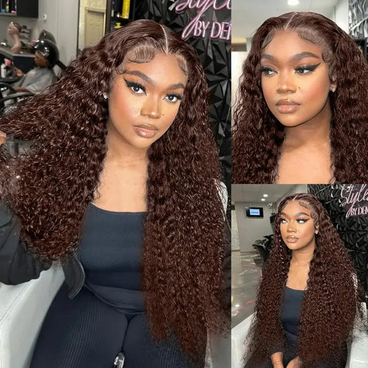 Chocolate Brown Deep Wave Frontal Wig | 13x4 HD Transparent Curly Lace Front Human Hair Wig (Bleached, Brazilian Brown Colored) Luxegan