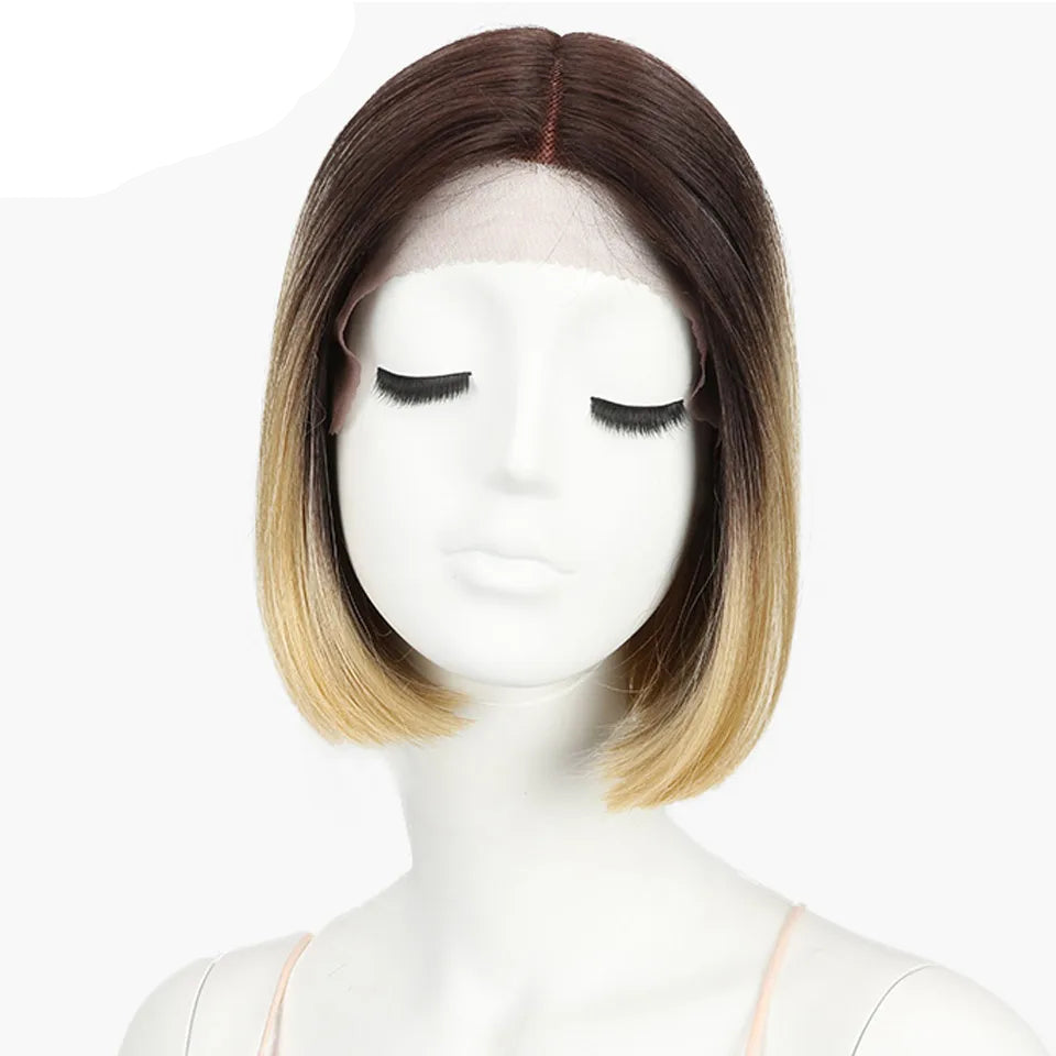 10 Inch Ombre Brown Straight Short Bob Wig | Synthetic Lace Front Wigs for Women (Heat Resistant Fiber, Cosplay & Daily Use) Luxegan