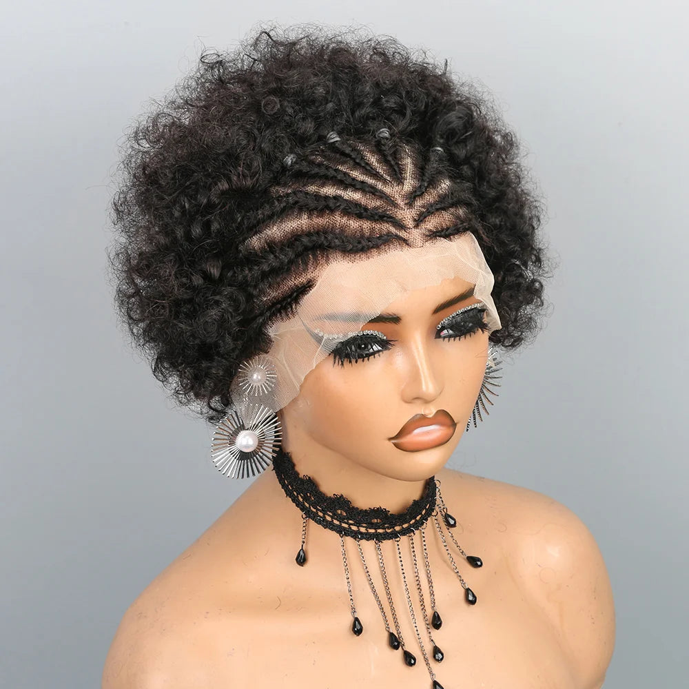 Short Afro Puff Braided Wig | 13x4 Lace Front Human Hair | Pre-Braided Cornrow Wig Luxegan