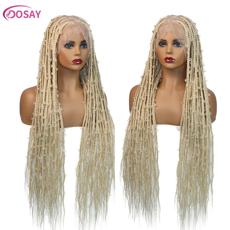 36" Butterfly Braided Full Lace Wig | Honey Blonde & Burgundy Goddess Locs | Synthetic Box Braids | Transparent Lace Luxegan