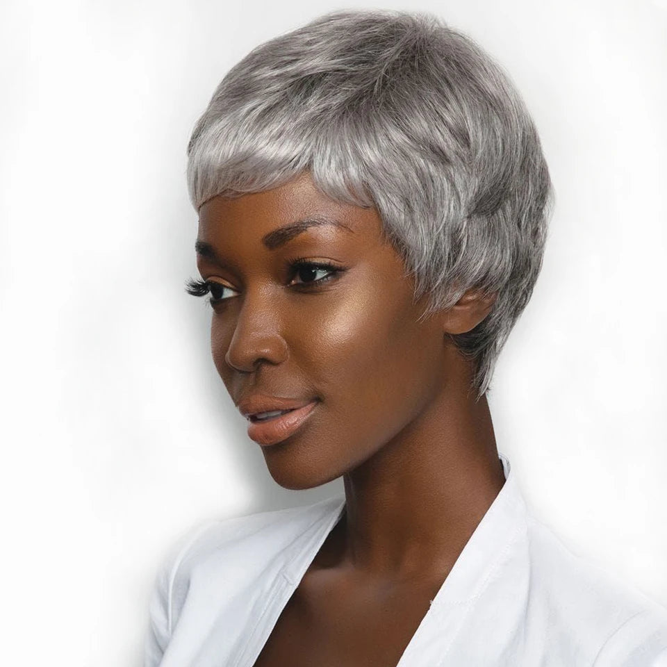 Rebecca Grey Bob Wig | Short Straight Pixie Human Hair with Bangs Luxegan