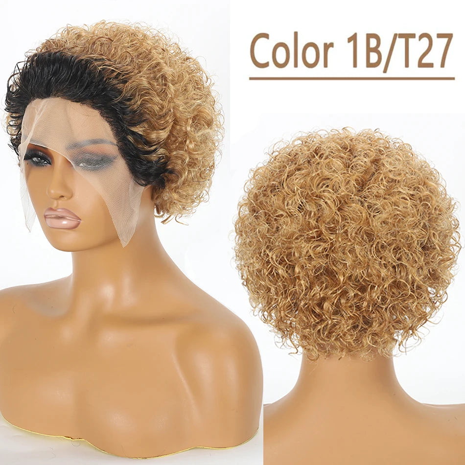 Ombre 1B/27 Pixie Cut Wigs Human Hair Curly Brazilian Virgin Hair 13x1 Transparent Lace Front Short Bob 180% Density