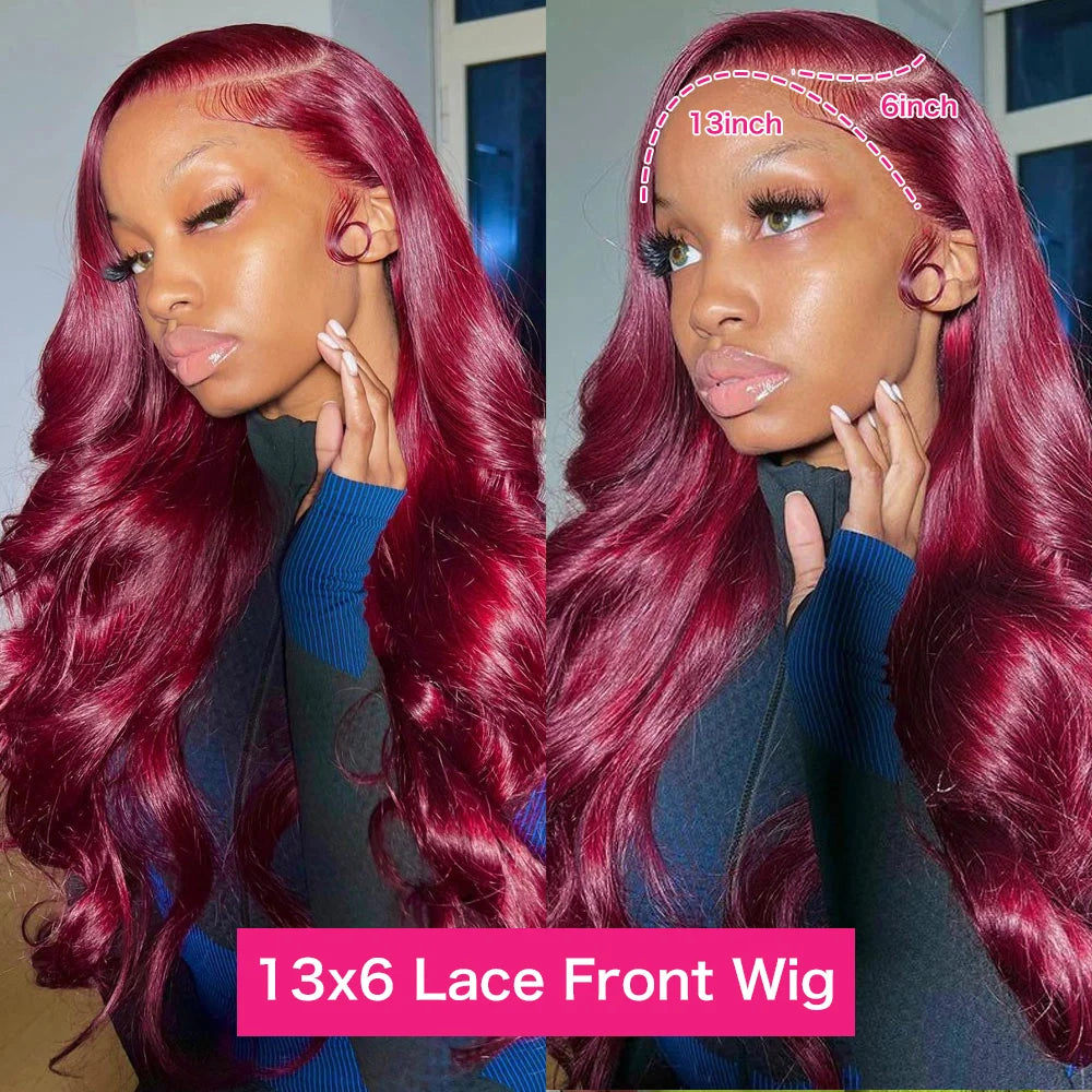 99J Burgundy Body Wave Lace Front Wig | HD Transparent Lace | 200% Density | 30-34 Inch Brazilian Hair