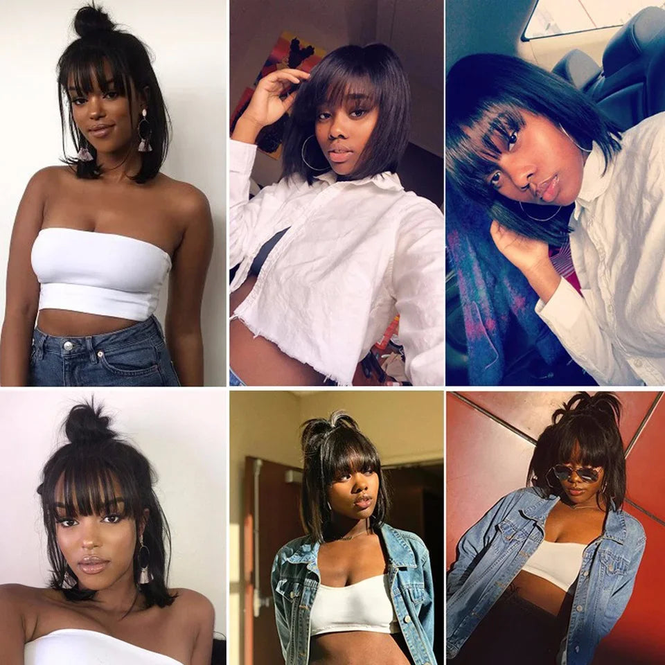 Peruvian Straight Bob Wig with Bangs | Full Machine Made Human Hair Wig | Natural Color