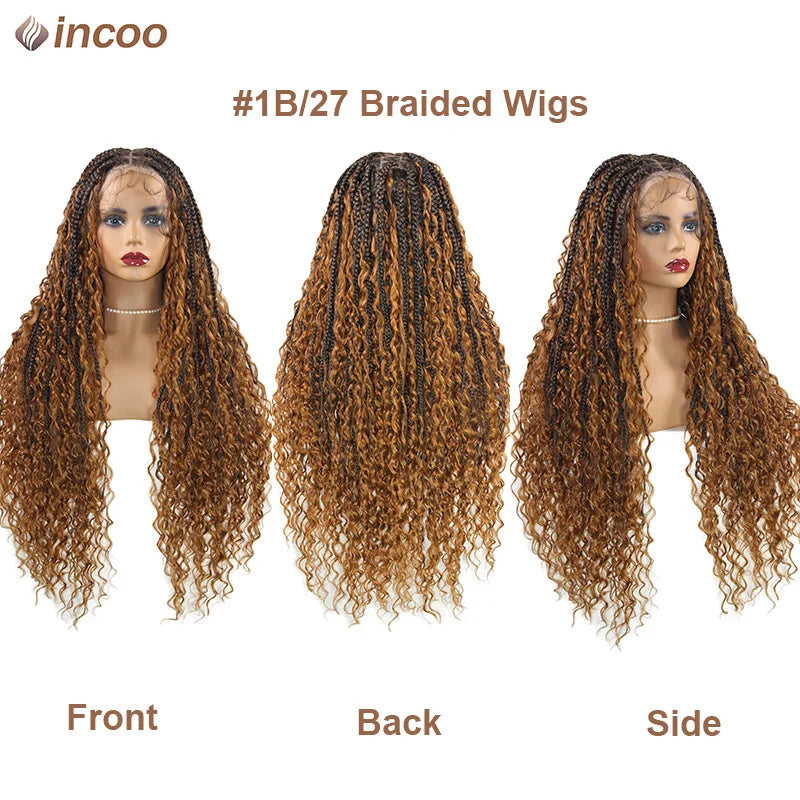 Boho Box Braided Wigs Curly Hair Synthetic Full Lace Front Wigs for Women Goddess Locs Braid Wig Burgundy Bohemian Box Braid Wig Luxegan