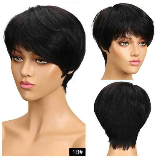 Short Pixie Cut Ready-to-Wear Human Hair Wig - Full Machine-Made Glueless Straight Wig - 100% Remy Human Hair Black, Brown & Red Color Wig for Women (Dyeable All Colors) Luxegan