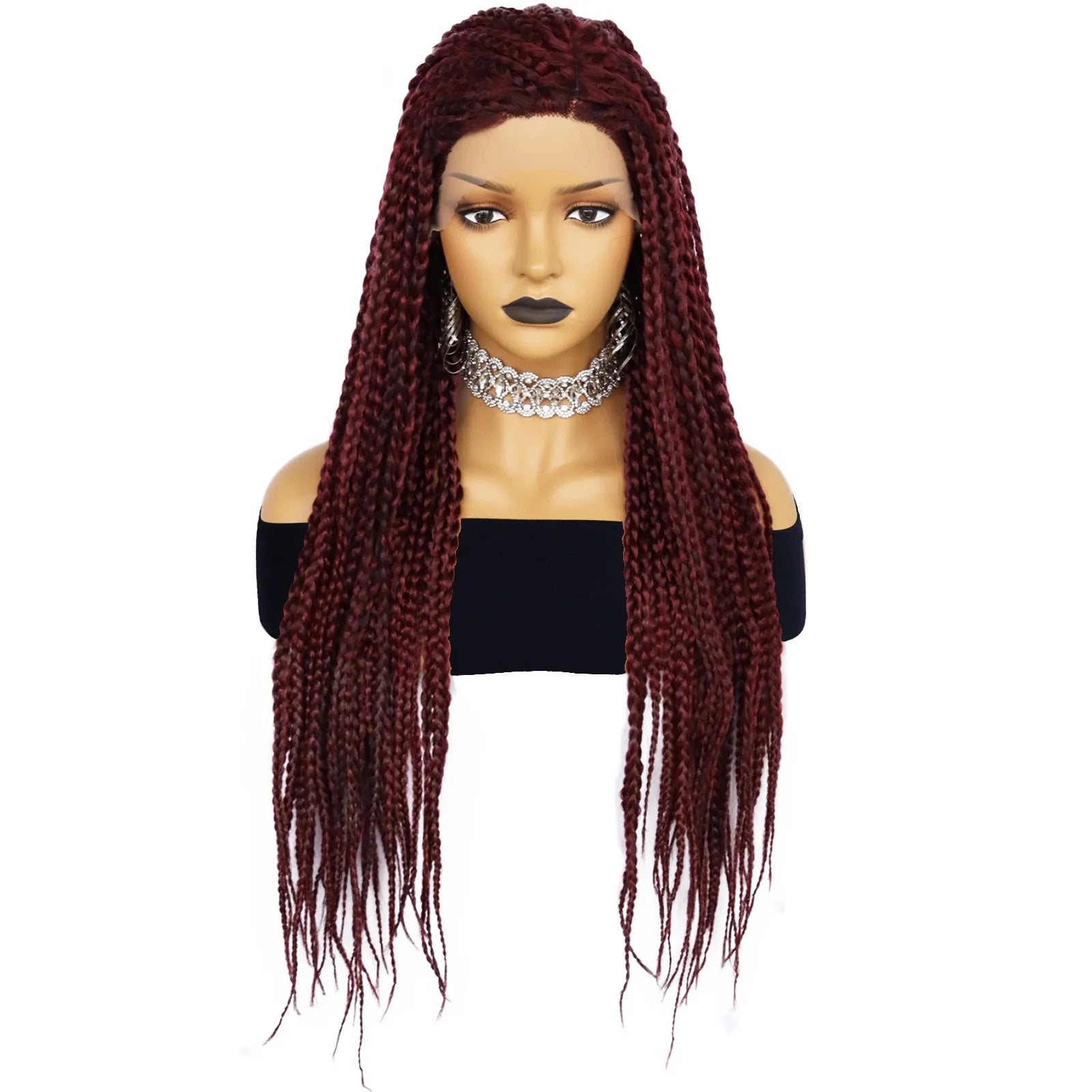 Wine Red 28" Long Braided Lace Front Wig | Synthetic Dreadlocks | Knotless Cornrow Twist | For Women
