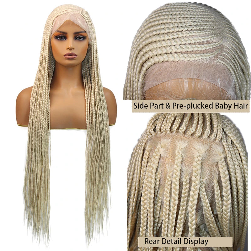 36" Blonde Cornrow Box Braided Wig | 613 Synthetic | Full Lace Front | Side Part | For Women