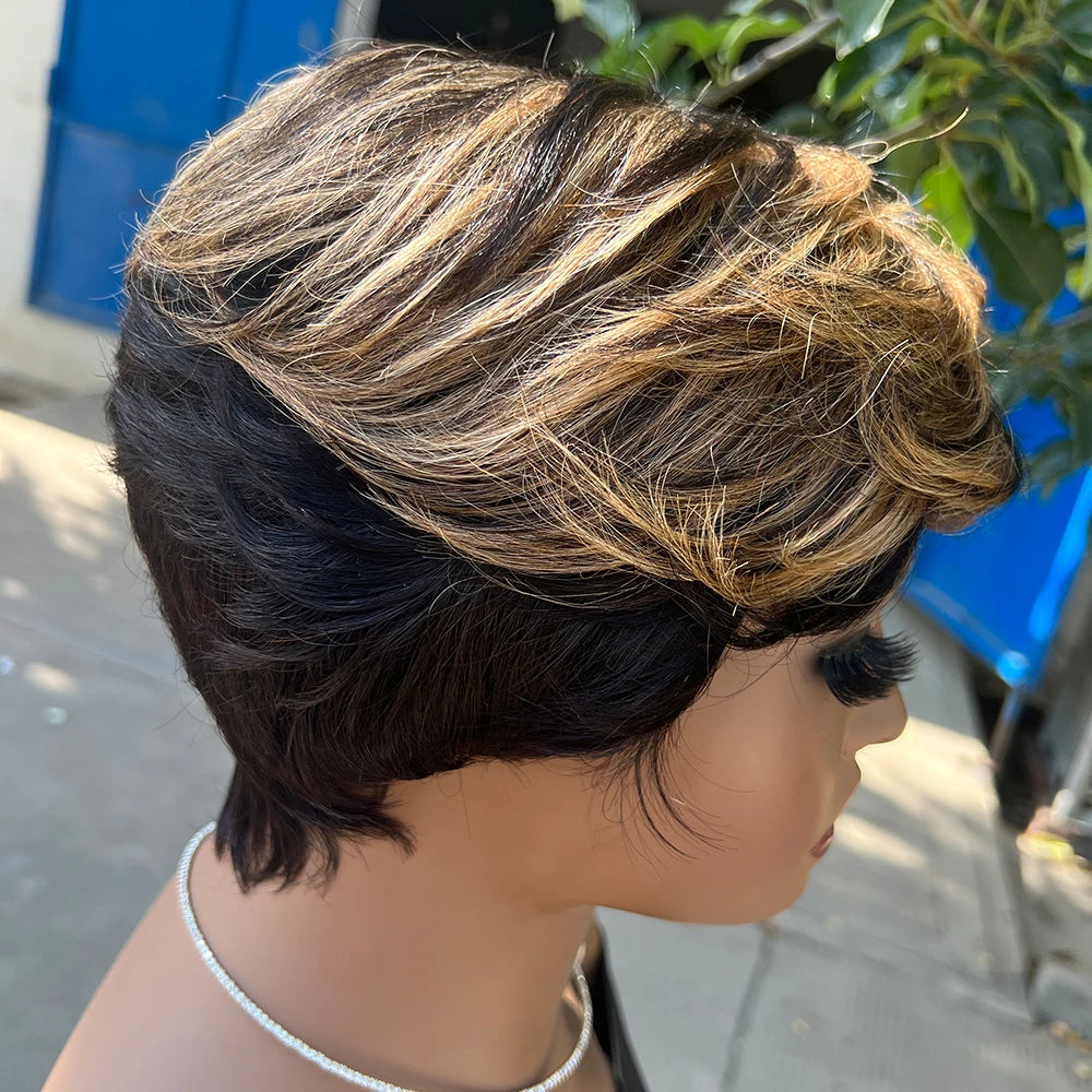 Short Pixie Cut Wig Human Hair | Machine Made Wig with Bangs | Brazilian Remy Hair | Pixie Wig for Black Women