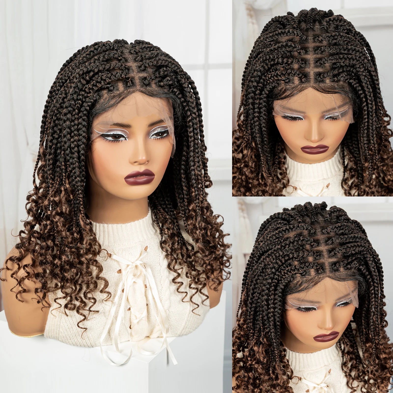 Ombre Boho Knotless Braids Bob Wig with Curly Ends | Full Lace Luxegan