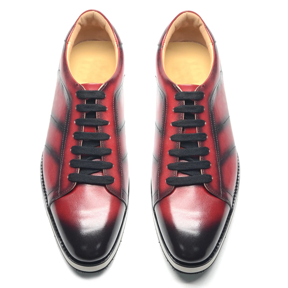 Men's Casual Dress Sneakers | Genuine Leather Hand-Painted Derby Skateboard Shoes (Black, Red) Luxegan