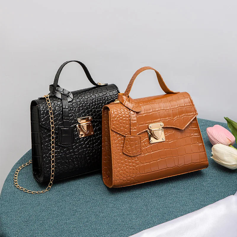 Soft PU Crocodile-Embossed Mini Satchel | Twist Lock Chain Detail Handbag Luxegan