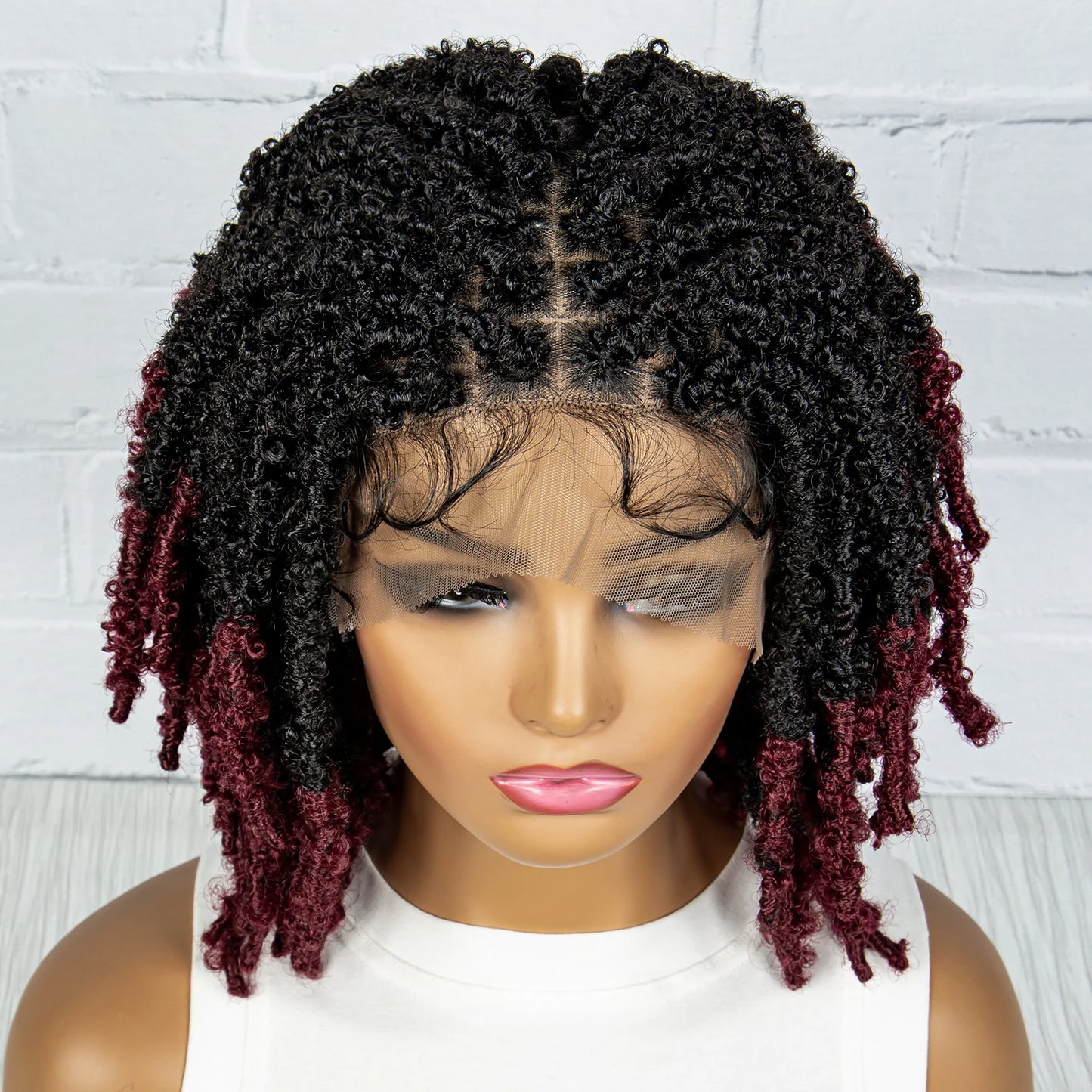 Burgundy Short Faux Locs Wig | Knotless Braids | Synthetic Lace Front | With Baby Hair | For Women
