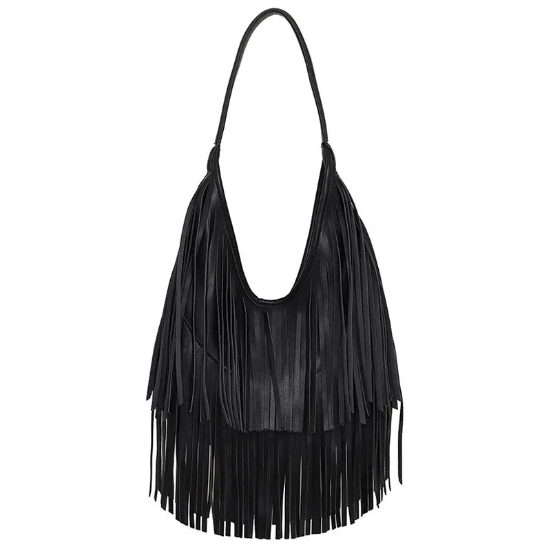 Trendy Long Tassel Hobo Underarm Shoulder Bag | Designer Large Capacity Women's Tote Bag | Soft Solid Color PU Handbag (Black, Brown) Luxegan