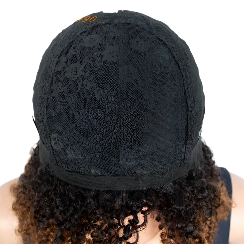 180% Density Honey Blonde Highlight Jerry Curly Pixie Bob Wig with Bangs Luxegan