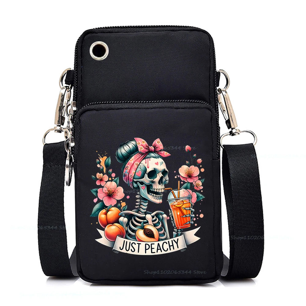 "Dead Inside But Love Cats" Shoulder Bag | Sophisticated Funny Vintage Skeleton Purse | Elegant Cartoon-Print Mobile Phone Bag | "Dignified" Soft Nylon Mini-Handbag for Versatile Casual Styling Luxegan