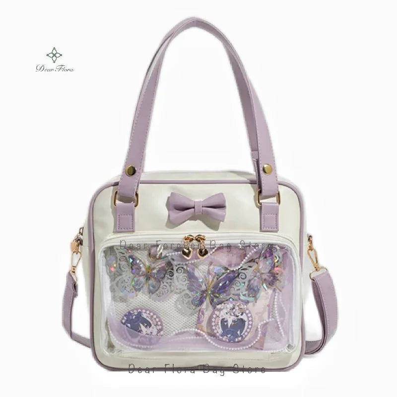 Y2K Cute Bow Ita Bag | Transparent DIY Messenger Bag for Girls | Fashionable Lolita Crossbody & Shoulder Bag | Clear Display Badge Tote for Anime Fans (Model 231) Luxegan