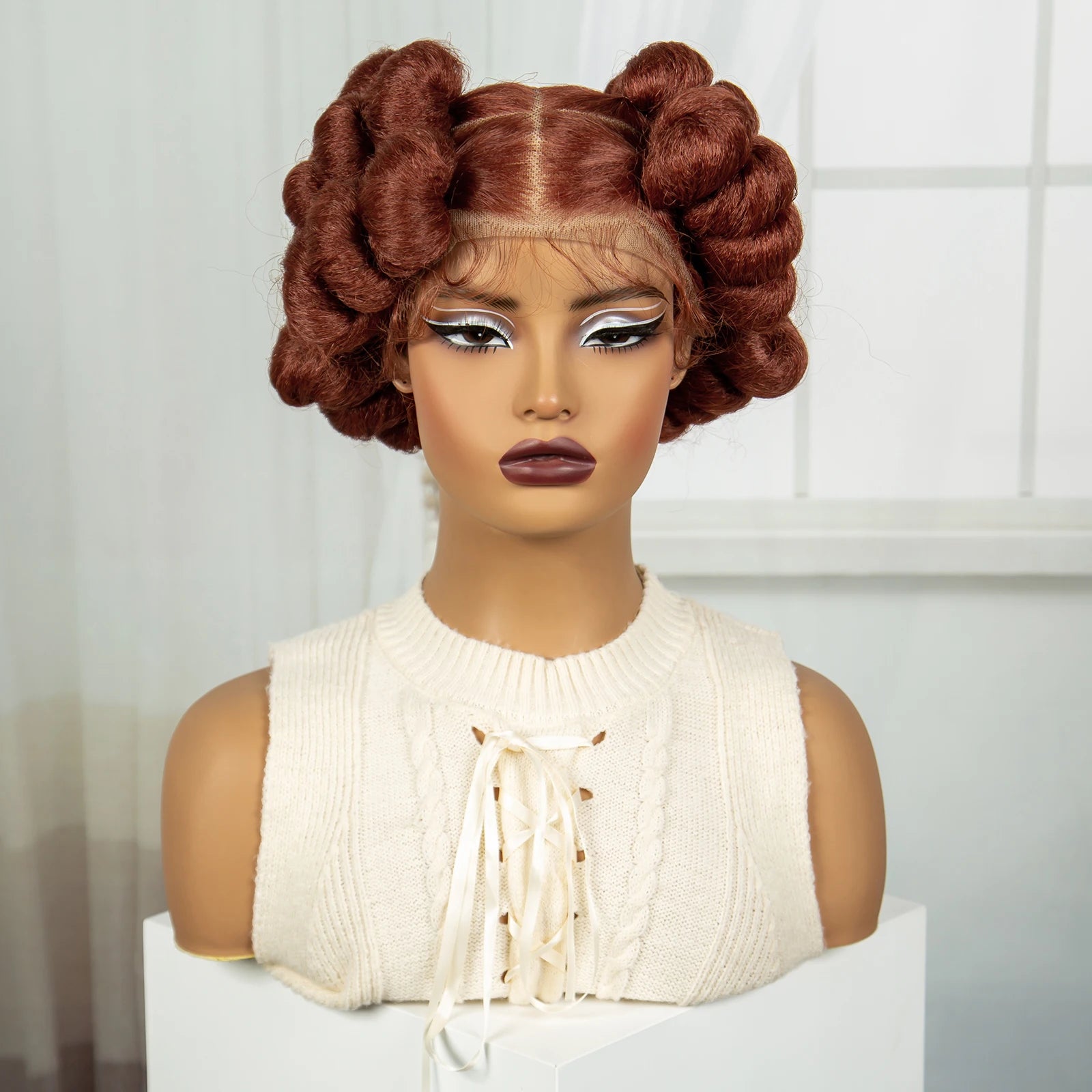 6" Short Cute Burgundy Bantu Knotless Braids Wig | Transparent Full Lace Luxegan